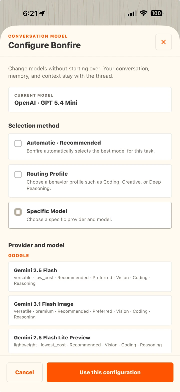 A governed application offering model choice without losing context